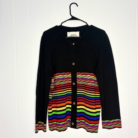 Steve Fabrikant Cardigan Sweater Knit Rainbow Coogi Fish Button Size Medium Wool - Picture 1 of 8